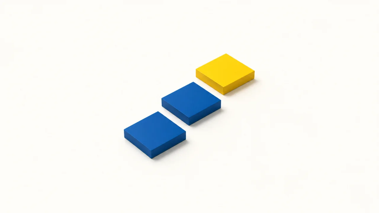 Two blue square tiles and a yellow square tile arranged in an ascending diagonal
